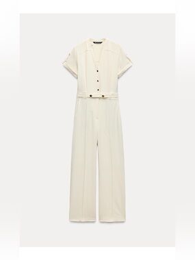 Zara Cream Wide-Leg Short-Sleeve Jumpsuit